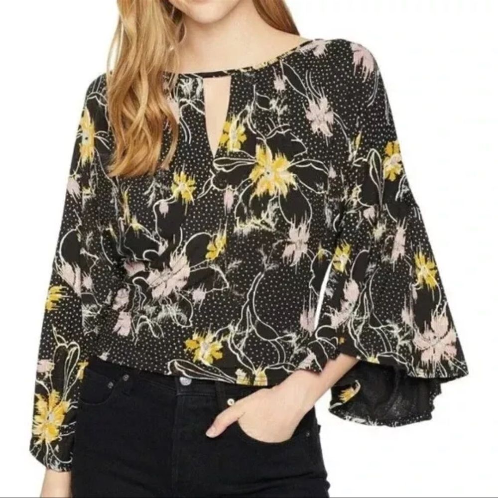 FREE PEOPLE Last Time Floral Bell Sleeve Top Black Women’s Size Medium